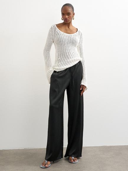 Topshop Wide Leg Satin Trousers, Black, Black