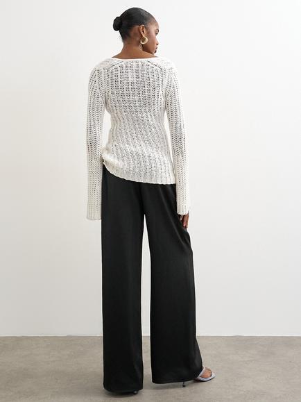Topshop Wide Leg Satin Trousers, Black - view 2, Black