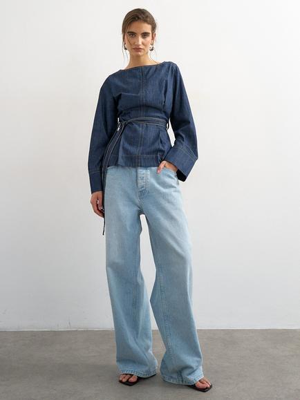 Topshop Belted Denim Tunic Top, Dark Blue, Dark Blue