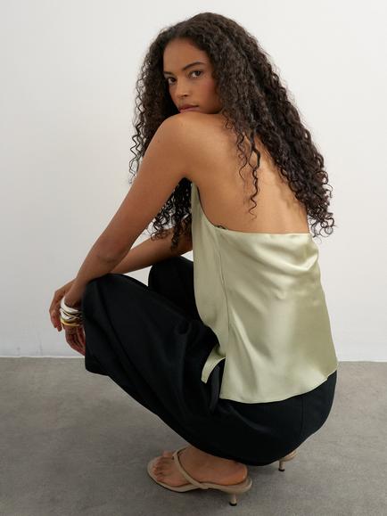 Topshop Sleeveless Halterneck Satin Top, Sage Greenn Top - view 2, Sage Green