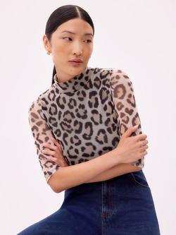 Ro&Zo High Neck Animal Print Stretch Jersey Top, Brown, Brown