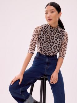 Ro&Zo High Neck Animal Print Stretch Jersey Top, Brown - view 2, Brown