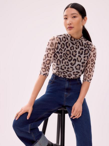 Ro&Zo High Neck Animal Print Stretch Jersey Top, Brown - view 2, Brown