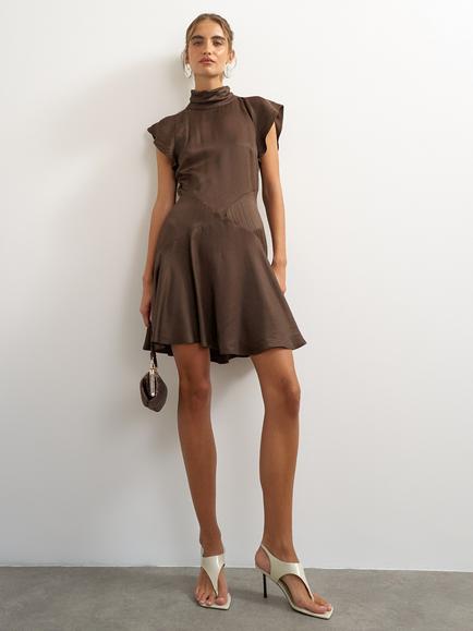 Topshop Flippy Hem Cap Sleeve Satin Mini Dress, Chocolate, Chocolate