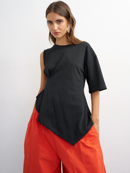 Topshop Pleat Detail One Shoulder Cotton T-Shirt, Black, Black