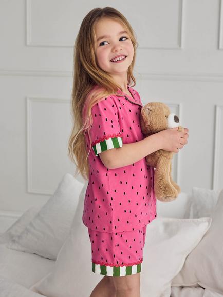 Chelsea Peers Kids' Watermelon Print Short Pyjamas, Pink/Multi - view 2, Pink/Multi
