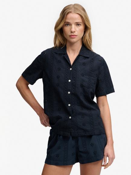 Superdry Heritage Broderie Short Sleeve Shirt, Eclipse Navy, Eclipse Navy