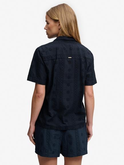 Superdry Heritage Broderie Short Sleeve Shirt, Eclipse Navy - view 2, Eclipse Navy