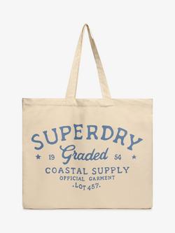Superdry Typographic Cotton Tote Bag, Natural Brown/Blue, Natural Brown/Blue
