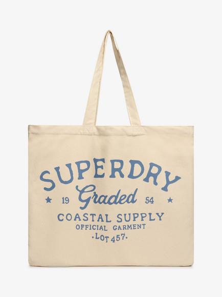 Superdry Typographic Cotton Tote Bag, Natural Brown/Blue, Natural Brown/Blue