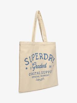 Superdry Typographic Cotton Tote Bag, Natural Brown/Blue - view 2, Natural Brown/Blue
