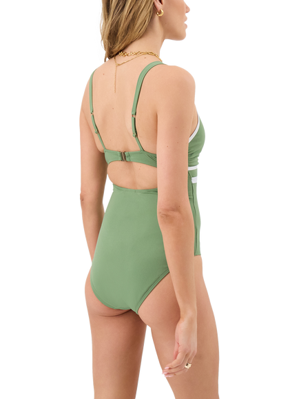 Accessorize Plunge Contrast Binding Swimsuit, Khaki - view 2, Khaki