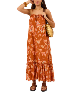 Accessorize Floral Frill Maxi Dress, Rust, Rust