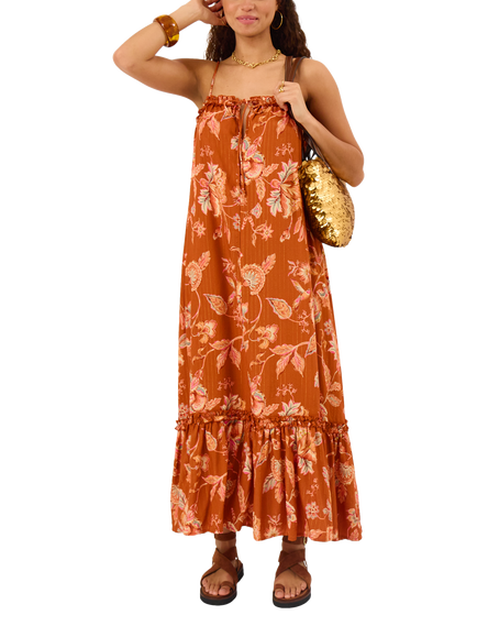 Accessorize Floral Frill Maxi Dress, Rust, Rust