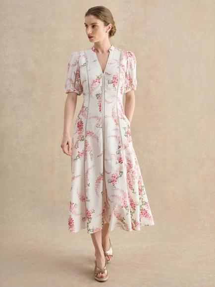 Hobbs Matilda Floral V-Neck Dress, White, White