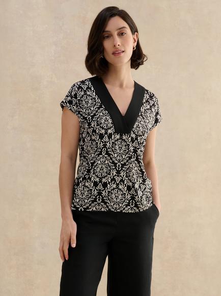 Hobbs Joine Geometric Print V-Neck Jersey Top, Black, Black