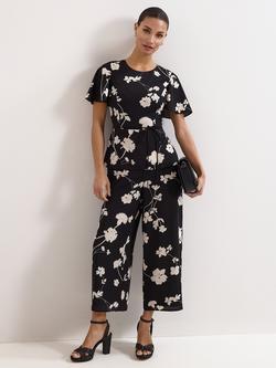 Phase Eight Jolie Floral Wide Leg Jumpsuit, Black/Ivory, Black/Ivory