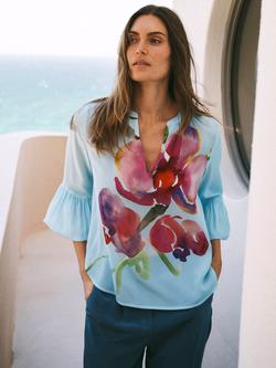 NRBY Oleta Silk Orchid Print Balloon Sleeve Shirt, Silver Blue, Silver Blue