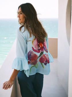 NRBY Oleta Silk Orchid Print Balloon Sleeve Shirt, Silver Blue - view 2, Silver Blue