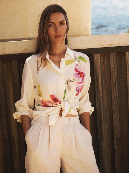 NRBY Chiara Silk Orchid Print Shirt, Oyster, Oyster