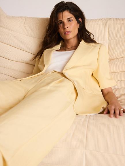 Mint Velvet Linen Blend Short Sleeve Blazer, Yellow - view 2, Yellow