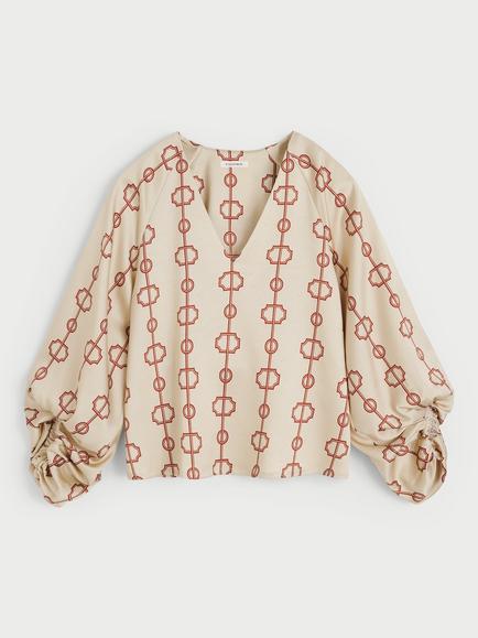 By Malene Birger Salia V-Neck Geometric Print Blouse, Beige/Rust, Beige/Rust