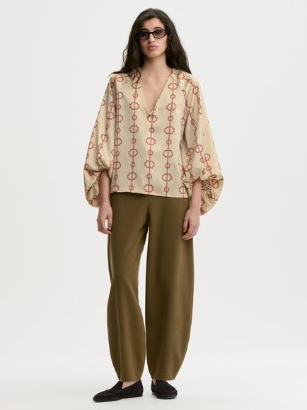 By Malene Birger Salia V-Neck Geometric Print Blouse, Beige/Rust - view 2, Beige/Rust