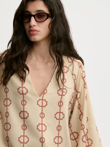By Malene Birger Salia V-Neck Geometric Print Blouse, Beige/Rust - view 2, Beige/Rust