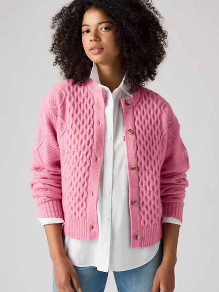 Levi's Charlotte Cable Knit Crew Neck Cardigan, Wild Rose Heather, Wild Rose Heather