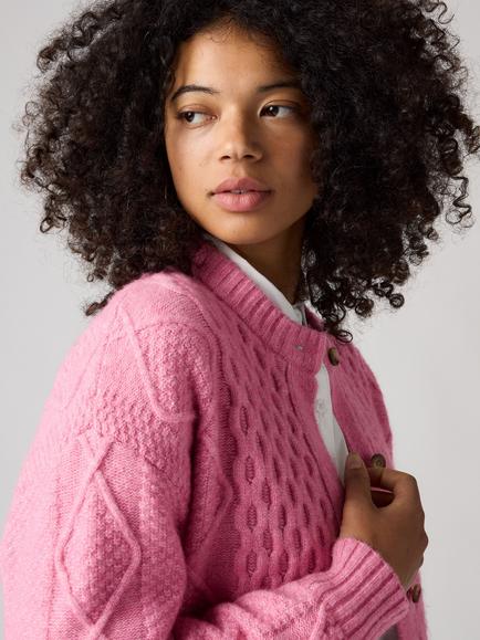 Levi's Charlotte Cable Knit Crew Neck Cardigan, Wild Rose Heather - view 2, Wild Rose Heather