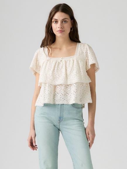 Levi's Dom Short Sleeve Lace Cotton Blend Blouse, Egret Lace, Egret Lace