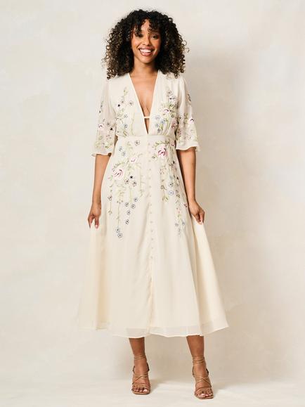 Hope & Ivy The Fleur Plunge Button Front Embroidered Flutter Sleeve Dress, Ivory, Ivory