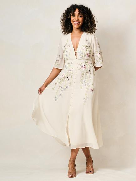 Hope & Ivy The Fleur Plunge Button Front Embroidered Flutter Sleeve Dress, Ivory - view 2, Ivory