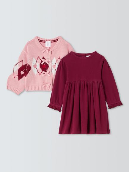 John Lewis Baby Argyle Cardigan & Dress Set, Pink/Berry, Pink/Berry