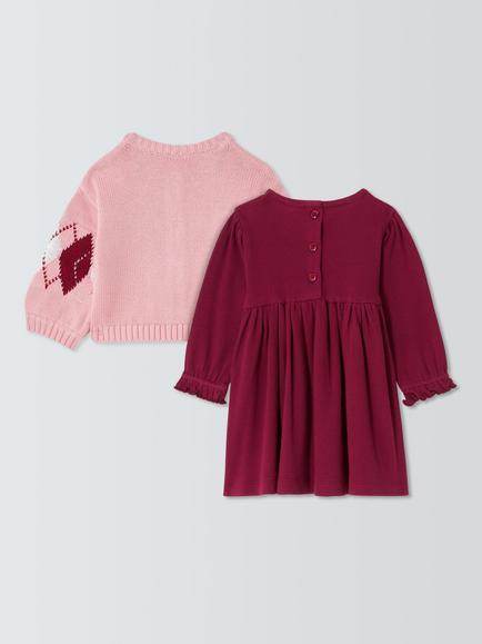 John Lewis Baby Argyle Cardigan & Dress Set, Pink/Berry - view 2, Pink/Berry