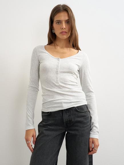 Topshop Henley Ribbed Scoop Neck Jersey Top, Light Grey