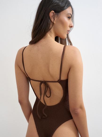 Topshop Cooper Square Neck Swimsuit, Brown - view 2, Brown