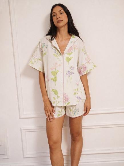 Their Nibs Lily Button Through Short Cotton Pyjama Set, White/Multi, White Multi