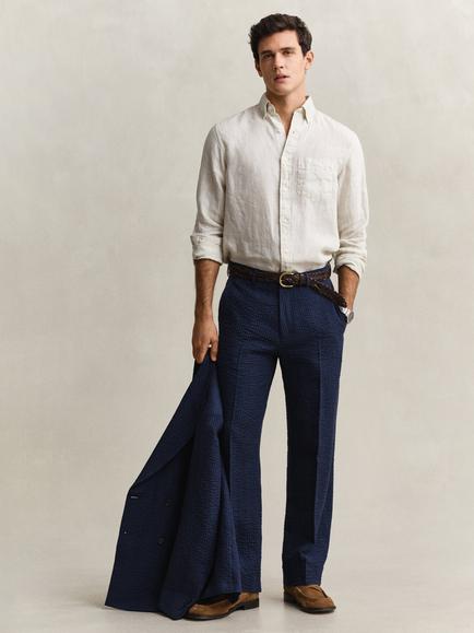 GANT Linen Blend Seersucker Suit Trousers, Mid Blue