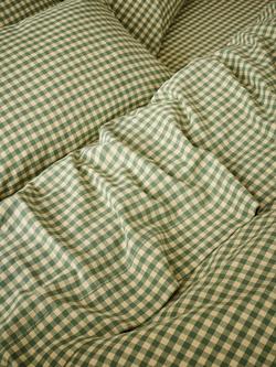 Piglet in Bed Colour Drenched Gingham Linen Blend Flat Sheet, Green/Butter Yellow
