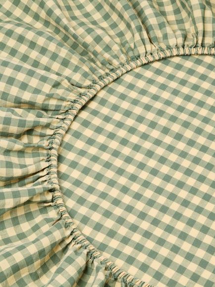 Piglet in Bed Colour Drenched Gingham Linen Blend Fitted Sheet - view 2, Green/Butter Yellow