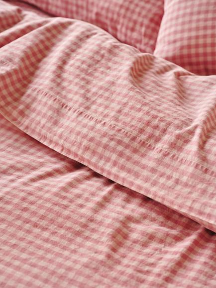Piglet in Bed Colour Drenched Gingham Linen Blend Flat Sheet, Dusty Pink/Rose