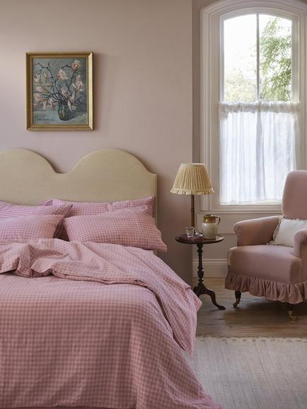 Piglet in Bed Colour Drench Gingham Linen Blend Bedding - view 2, Dusty Pink/Rose