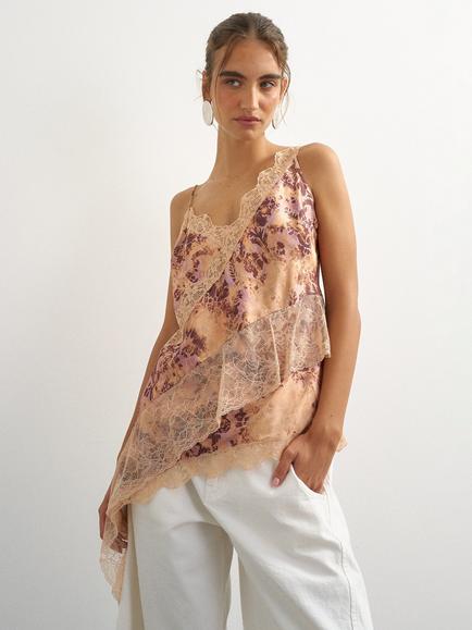 Topshop Lace Insert Floral Cami Top, Brown/Multi, Brown/Multi