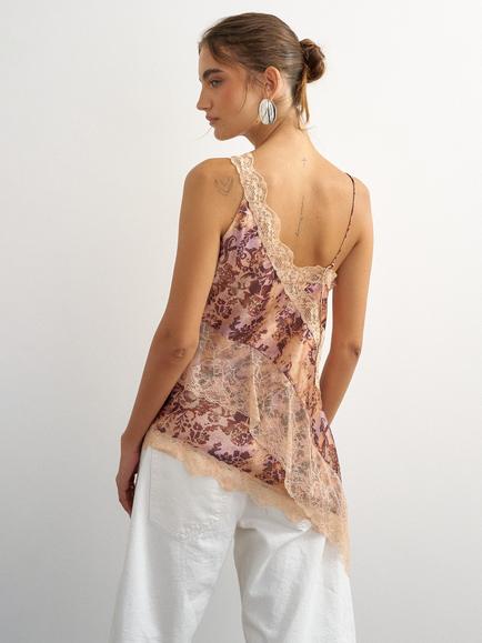 Topshop Lace Insert Floral Cami Top, Brown/Multi - view 2, Brown/Multi