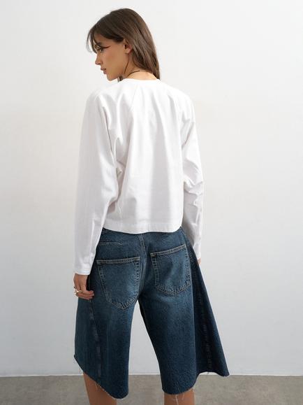 Topshop Long Raglan Sleeve Cropped Cotton Top, White - view 2, White