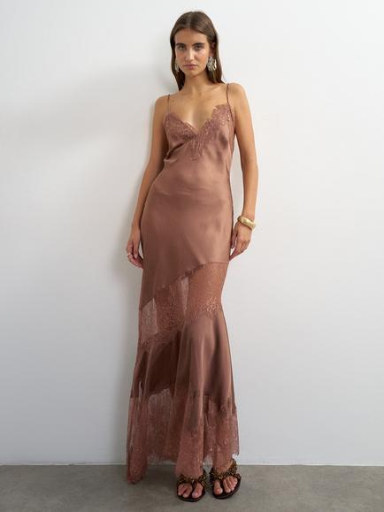 Topshop Lace Trim Sleeveless Satin Midi Slip Dress, Brown, Brown