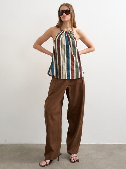 Topshop Linen Blend Barrel Leg Trousers, Brown