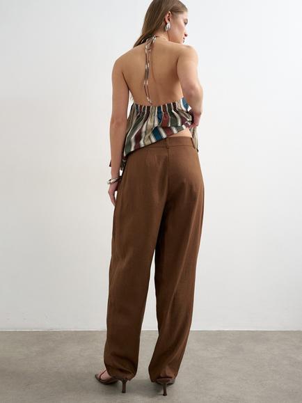 Topshop Linen Blend Barrel Leg Trousers - view 2, Brown