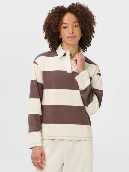 Sweaty Betty Stripe Relaxed Rugby Shirt, Lily White/Taupe, Lily White/Taupe